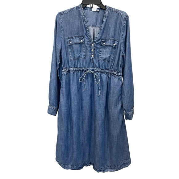 GAP Maternity Denim Shirt Dress Chambray Drawstring Waist Long Sleeve Blue M - Picture 2 of 13
